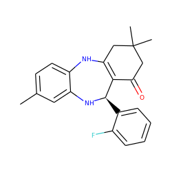 Cc1ccc2c(c1)N[C@H](c1ccccc1F)C1=C(CC(C)(C)CC1=O)N2 ZINC000005218495