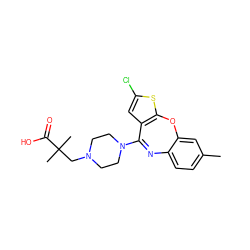 Cc1ccc2c(c1)Oc1sc(Cl)cc1C(N1CCN(CC(C)(C)C(=O)O)CC1)=N2 ZINC000205830997