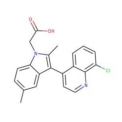 Cc1ccc2c(c1)c(-c1ccnc3c(Cl)cccc13)c(C)n2CC(=O)O ZINC000036127000