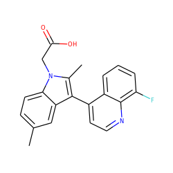 Cc1ccc2c(c1)c(-c1ccnc3c(F)cccc13)c(C)n2CC(=O)O ZINC000036126993