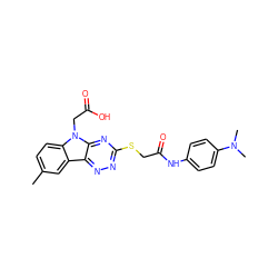 Cc1ccc2c(c1)c1nnc(SCC(=O)Nc3ccc(N(C)C)cc3)nc1n2CC(=O)O ZINC000013086558