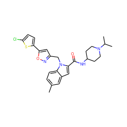 Cc1ccc2c(c1)cc(C(=O)NC1CCN(C(C)C)CC1)n2Cc1cc(-c2ccc(Cl)s2)on1 ZINC000013646519