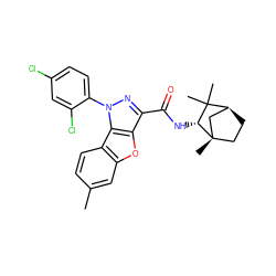 Cc1ccc2c(c1)oc1c(C(=O)N[C@@H]3C(C)(C)[C@H]4CC[C@@]3(C)C4)nn(-c3ccc(Cl)cc3Cl)c12 ZINC000140432887