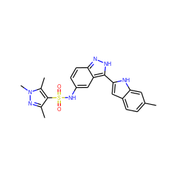 Cc1ccc2cc(-c3[nH]nc4ccc(NS(=O)(=O)c5c(C)nn(C)c5C)cc34)[nH]c2c1 ZINC000066076327