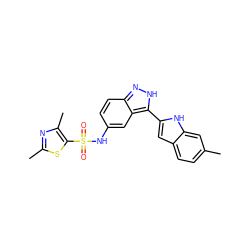 Cc1ccc2cc(-c3[nH]nc4ccc(NS(=O)(=O)c5sc(C)nc5C)cc34)[nH]c2c1 ZINC000066076329