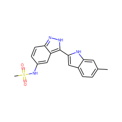 Cc1ccc2cc(-c3[nH]nc4ccc(NS(C)(=O)=O)cc34)[nH]c2c1 ZINC000066078632