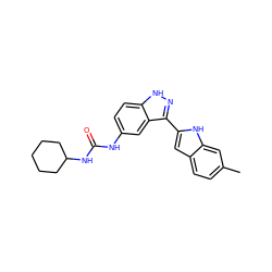 Cc1ccc2cc(-c3n[nH]c4ccc(NC(=O)NC5CCCCC5)cc34)[nH]c2c1 ZINC000066076330