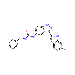 Cc1ccc2cc(-c3n[nH]c4ccc(NC(=O)NCc5ccccc5)cc34)[nH]c2c1 ZINC000066076508