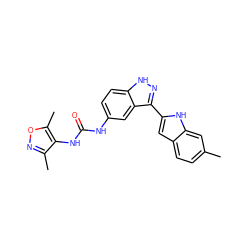 Cc1ccc2cc(-c3n[nH]c4ccc(NC(=O)Nc5c(C)noc5C)cc34)[nH]c2c1 ZINC000066076506