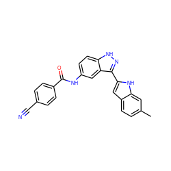 Cc1ccc2cc(-c3n[nH]c4ccc(NC(=O)c5ccc(C#N)cc5)cc34)[nH]c2c1 ZINC000066112964