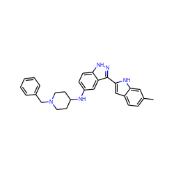 Cc1ccc2cc(-c3n[nH]c4ccc(NC5CCN(Cc6ccccc6)CC5)cc34)[nH]c2c1 ZINC000066077826