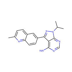 Cc1ccc2cc(-c3nn(C(C)C)c4ncnc(N)c34)ccc2n1 ZINC000064510360