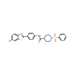 Cc1ccc2nc(-c3ccc(NC(=O)C4CCN(S(=O)(=O)c5ccccc5)CC4)cc3)sc2c1 ZINC000040875483