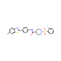 Cc1ccc2nc(-c3ccc(NC(=O)C4CCN(S(=O)(=O)c5ccccc5F)CC4)cc3)sc2c1 ZINC000040401467