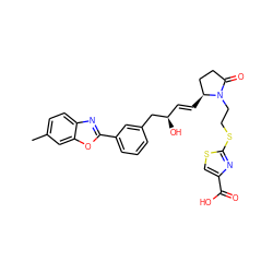 Cc1ccc2nc(-c3cccc(C[C@H](O)/C=C/[C@H]4CCC(=O)N4CCSc4nc(C(=O)O)cs4)c3)oc2c1 ZINC000084670782