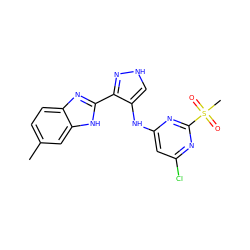 Cc1ccc2nc(-c3n[nH]cc3Nc3cc(Cl)nc(S(C)(=O)=O)n3)[nH]c2c1 ZINC000096271624