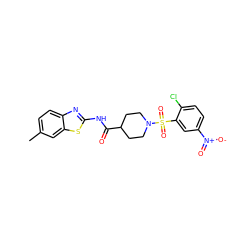 Cc1ccc2nc(NC(=O)C3CCN(S(=O)(=O)c4cc([N+](=O)[O-])ccc4Cl)CC3)sc2c1 ZINC000008692780