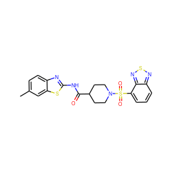 Cc1ccc2nc(NC(=O)C3CCN(S(=O)(=O)c4cccc5nsnc45)CC3)sc2c1 ZINC000004101166