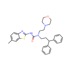 Cc1ccc2nc(NC(=O)N(CCC(c3ccccc3)c3ccccc3)CCN3CCOCC3)sc2c1 ZINC000096258258