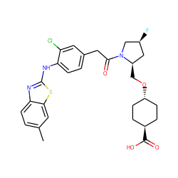 Cc1ccc2nc(Nc3ccc(CC(=O)N4C[C@@H](F)C[C@H]4CO[C@H]4CC[C@H](C(=O)O)CC4)cc3Cl)sc2c1 ZINC000261135802