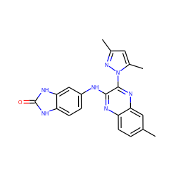 Cc1ccc2nc(Nc3ccc4[nH]c(=O)[nH]c4c3)c(-n3nc(C)cc3C)nc2c1 ZINC000006492165