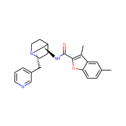 Cc1ccc2oc(C(=O)N[C@@H]3C4CCN(CC4)[C@H]3Cc3cccnc3)c(C)c2c1 ZINC000095574678