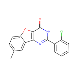 Cc1ccc2oc3c(=O)[nH]c(-c4ccccc4Cl)nc3c2c1 ZINC000084711173