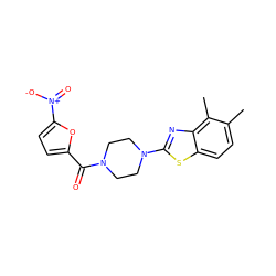 Cc1ccc2sc(N3CCN(C(=O)c4ccc([N+](=O)[O-])o4)CC3)nc2c1C ZINC000004585344