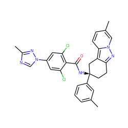 Cc1cccc([C@@]2(NC(=O)c3c(Cl)cc(-n4cnc(C)n4)cc3Cl)CCc3nn4cc(C)ccc4c3C2)c1 ZINC000473154283