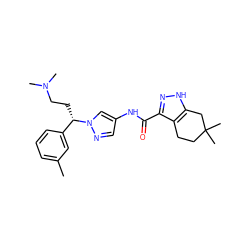 Cc1cccc([C@H](CCN(C)C)n2cc(NC(=O)c3n[nH]c4c3CCC(C)(C)C4)cn2)c1 ZINC000144189413