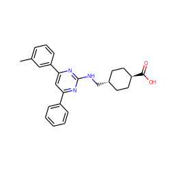 Cc1cccc(-c2cc(-c3ccccc3)nc(NC[C@H]3CC[C@H](C(=O)O)CC3)n2)c1 ZINC000299828733