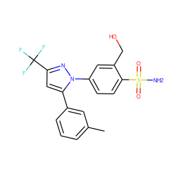 Cc1cccc(-c2cc(C(F)(F)F)nn2-c2ccc(S(N)(=O)=O)c(CO)c2)c1 ZINC000013589017