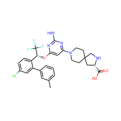 Cc1cccc(-c2cc(Cl)ccc2[C@@H](Oc2cc(N3CCC4(CC3)CN[C@H](C(=O)O)C4)nc(N)n2)C(F)(F)F)c1 ZINC001772583415