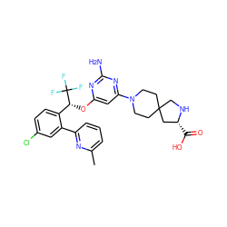 Cc1cccc(-c2cc(Cl)ccc2[C@@H](Oc2cc(N3CCC4(CC3)CN[C@H](C(=O)O)C4)nc(N)n2)C(F)(F)F)n1 ZINC001772634750