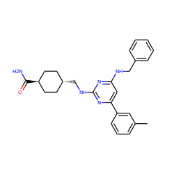 Cc1cccc(-c2cc(NCc3ccccc3)nc(NC[C@H]3CC[C@H](C(N)=O)CC3)n2)c1 ZINC000299819804