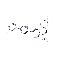 Cc1cccc(-c2ccc(/C=C/[C@@H]3[C@@H]4[C@@H](C)OC(=O)[C@@H]4C[C@@H]4CC(F)(F)CC[C@H]43)nc2)c1 ZINC000034802922