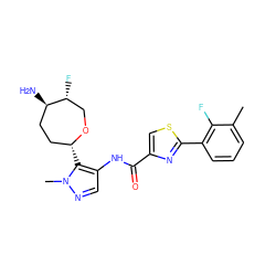 Cc1cccc(-c2nc(C(=O)Nc3cnn(C)c3[C@@H]3CC[C@@H](N)[C@H](F)CO3)cs2)c1F ZINC000221379581