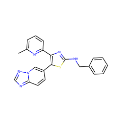 Cc1cccc(-c2nc(NCc3ccccc3)sc2-c2ccc3ncnn3c2)n1 ZINC000084733205