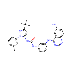 Cc1cccc(-n2nc(C(C)(C)C)cc2NC(=O)Nc2cccc(Nc3ncnc4ccc(N)cc34)c2)c1 ZINC000039273510