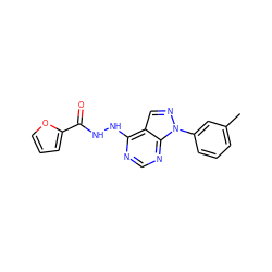 Cc1cccc(-n2ncc3c(NNC(=O)c4ccco4)ncnc32)c1 ZINC000007393216