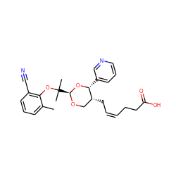 Cc1cccc(C#N)c1OC(C)(C)[C@@H]1OC[C@@H](C/C=C\CCC(=O)O)[C@@H](c2cccnc2)O1 ZINC000027736197