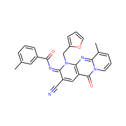 Cc1cccc(C(=O)/N=c2/c(C#N)cc3c(=O)n4cccc(C)c4nc3n2Cc2ccco2)c1 ZINC000101034518