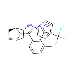 Cc1cccc(C(=O)N2[C@H]3CC[C@H]2[C@H](Nc2cnc(C(F)(F)F)cn2)C3)c1-c1ncco1 ZINC000221044157