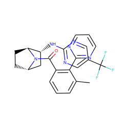 Cc1cccc(C(=O)N2[C@H]3CC[C@H]2[C@H](Nc2ncc(C(F)(F)F)cn2)C3)c1-c1ncccn1 ZINC000221044884