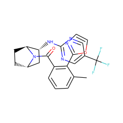 Cc1cccc(C(=O)N2[C@H]3CC[C@H]2[C@H](Nc2ncc(C(F)(F)F)cn2)C3)c1-c1ncco1 ZINC000221054350