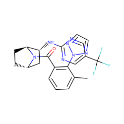 Cc1cccc(C(=O)N2[C@H]3CC[C@H]2[C@H](Nc2ncc(C(F)(F)F)cn2)C3)c1-n1nccn1 ZINC000221044611