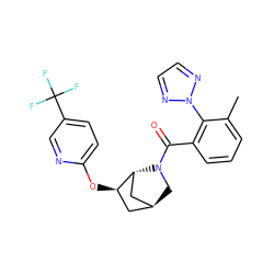 Cc1cccc(C(=O)N2C[C@H]3C[C@@H](Oc4ccc(C(F)(F)F)cn4)[C@H]2C3)c1-n1nccn1 ZINC000218536583