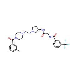 Cc1cccc(C(=O)N2CCN(CCN3CC[C@@H](NC(=O)CNC(=O)c4cccc(C(F)(F)F)c4)C3)CC2)c1 ZINC000049781063