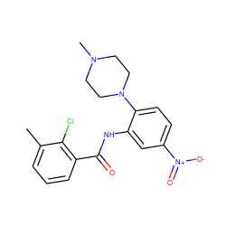 Cc1cccc(C(=O)Nc2cc([N+](=O)[O-])ccc2N2CCN(C)CC2)c1Cl ZINC000095589405