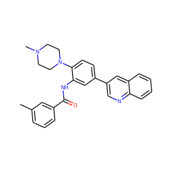 Cc1cccc(C(=O)Nc2cc(-c3cnc4ccccc4c3)ccc2N2CCN(C)CC2)c1 ZINC000263621038